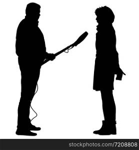 Silhouette operator removes journalist with microphone on a white background.. Silhouette operator removes journalist with microphone on a white background