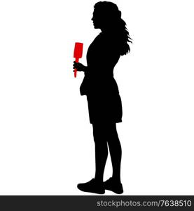 Silhouette operator removes journalist with microphone on a white background.. Silhouette operator removes journalist with microphone on a white background