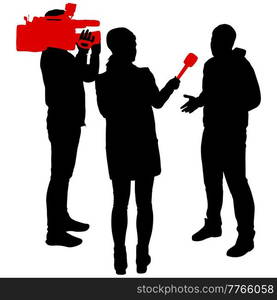 Silhouette operator removes journalist with microphone on a white background.. Silhouette operator removes journalist with microphone on a white background