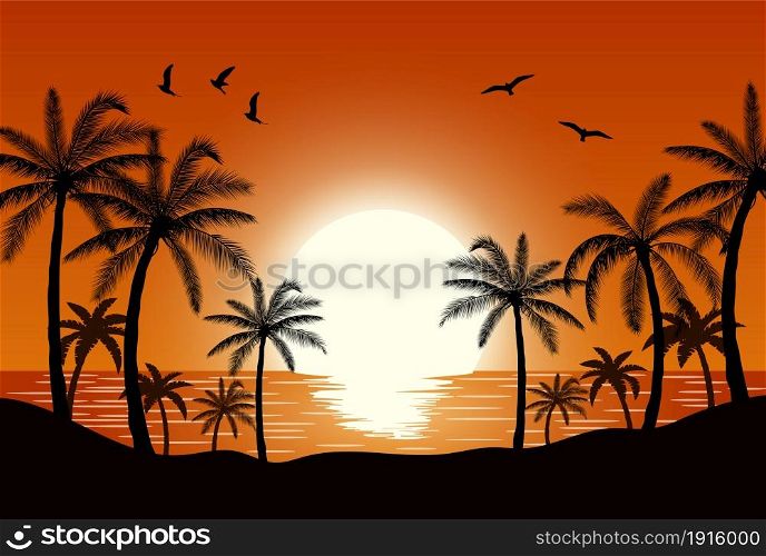 Silhouette palm tree on beach under sunset sky background. Vector illustration. Silhouette palm tree on beach