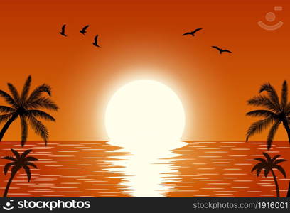 Silhouette palm tree on beach under sunset sky background. Vector illustration. Silhouette palm tree on beach