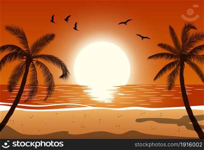 Silhouette palm tree on beach under sunset sky background. Vector illustration. Silhouette palm tree on beach