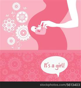 Silhouette pregnant mother with baby&rsquo;s bootees. Newborn baby greeting card