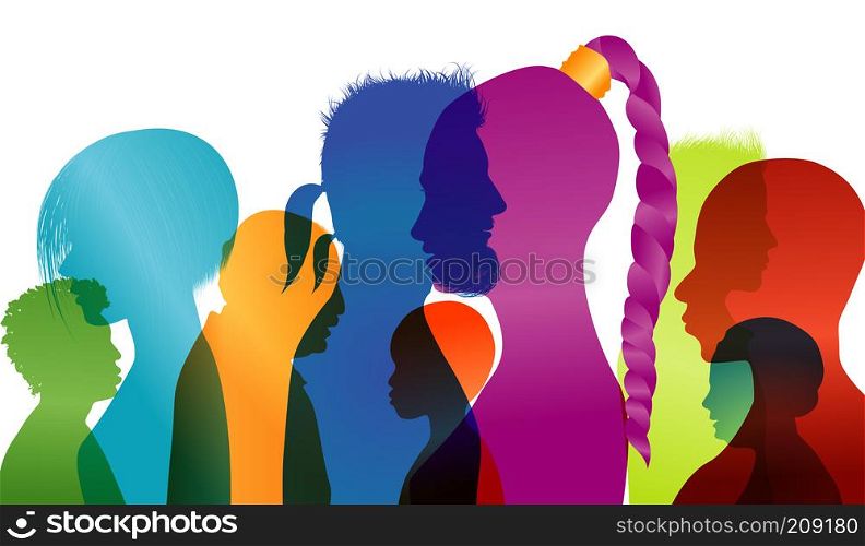 Silhouette profiles of multiracial people. Group of people of different ages and nationalities. Intercontinental dialogue. Multiple exposure vector