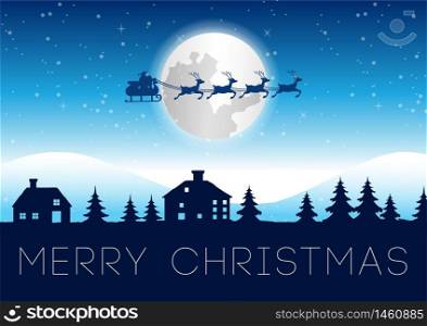 silhouette reindeer with Santa Claus fly above village at night scene and big full moon