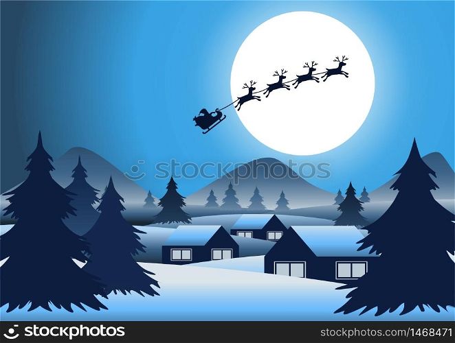 silhouette reindeer with Santa Claus fly above village at night scene and big full moon