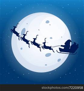 Silhouette Santa and reindeer flying night sky. Merry Christmas greeting card. Vector stock