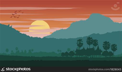 Silhouette scenery of country landscape of Asia on tropical area with palm trees and the house on sunset time,vector illustration