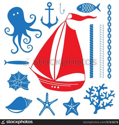 Silhouette Sea - Hand drawn set of sea symbols including sailing boat, octopus, fish, shells, coral