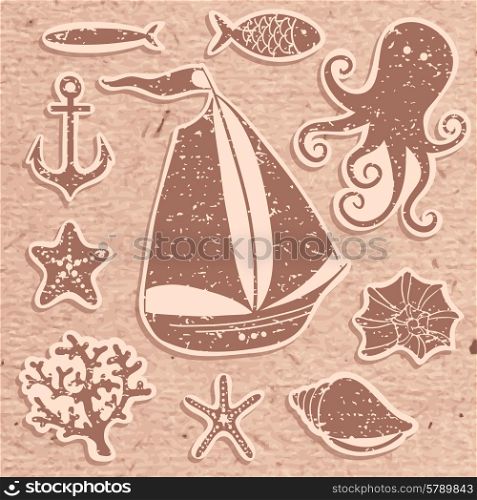 Silhouette Sea - Hand drawn set of sea symbols including sailing boat, octopus, fish, shells, coral
