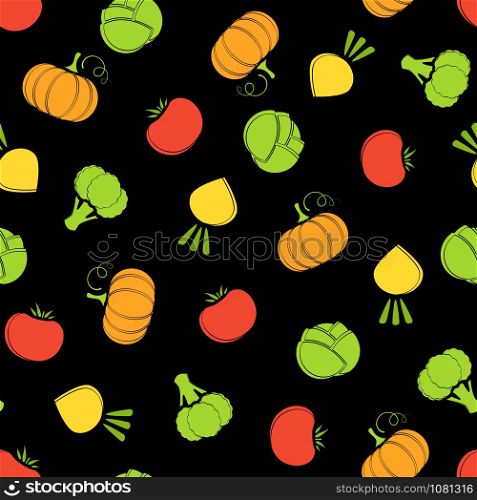 Silhouette seamless vegetable background vector flat illustration. Fresh food background in bright colors with autumn vegetable seamless element for healthy diet decor or vegan fabric print.. Silhouette seamless vegetable black background