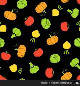 Silhouette seamless vegetable background vector flat illustration. Fresh food background in bright colors with autumn vegetable seamless element for healthy diet decor or vegan fabric print.. Silhouette seamless vegetable black background