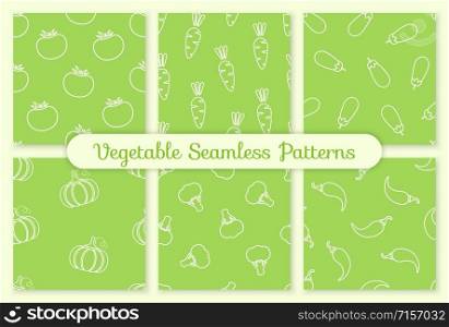 Silhouette seamless vegetable pattern set vector flat illustration. Fresh food pattern in white and green colors with outline vegetable seamless element for fabric print or wallpaper. Green silhouette seamless vegetable pattern set