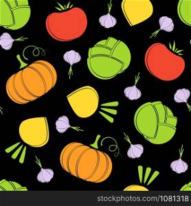 Silhouette seamless vegetable pattern vector flat illustration. Fresh food black pattern in natural colors with autumn vegetable seamless element for healthy vegetarian menu or organic fabric print. Color silhouette seamless black vegetable pattern