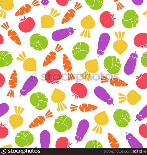 Silhouette seamless vegetable pattern vector illustration. Modern seamless texture pattern design with tomato, eggpant, carrot and cabbage outline vegetable in natural colors for healthy diet decor. Silhouette seamless vegetable pattern illustration