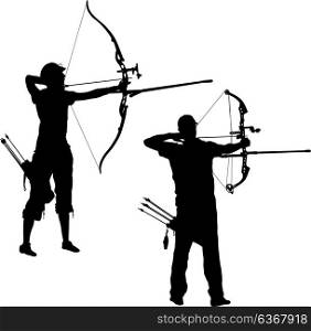 Silhouette set attractive male and female archer bending a bow and aiming in the target. Silhouette set attractive male and female archer bending a bow and aiming in the target.