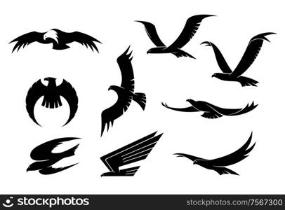 Silhouette set of flying eagles, hawks, falcons and another birds for heraldry or mascot design