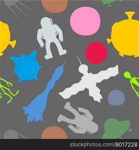 Silhouette space symbol seamless pattern: astronaut and UFO, rocket and satellite. Vector background&#xA;
