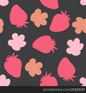 Silhouette strawberries and flowers seamless pattern. Perfect for T-shirt, textile and prints. Hand drawn vector illustration for decor and design.