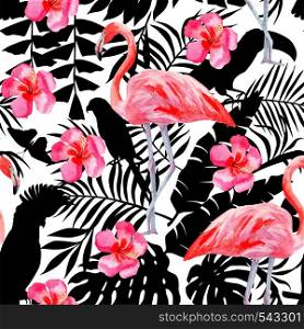 Silhouette tropic exotic animals birds parrot in the jungle plant wallpaper. Seamless floral vector pattern from the composition of trendy pink flamingo and hibiscus flower hand drawn watercolor art