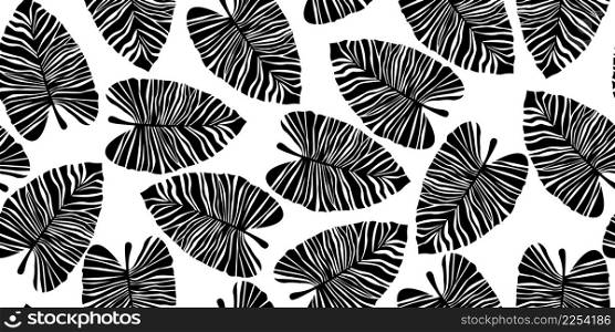 Silhouette tropical palm leaves seamless pattern. Black and white exotic botanical texture. Vector floral background. Jungle leaf seamless wallpaper. Design for fabric, textile print, wrapping, cover. Silhouette tropical palm leaves seamless pattern. Black and white exotic botanical texture.
