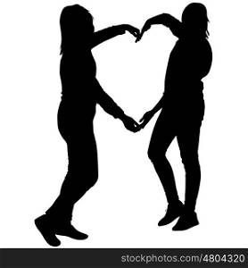 Silhouette two girls holding hands in heart shape, vector illustration.