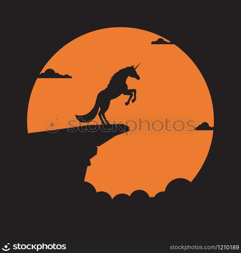 Silhouette unicorn horse on cliff with sunset background, Symbol of achievement, Concept, Vector illustration flat