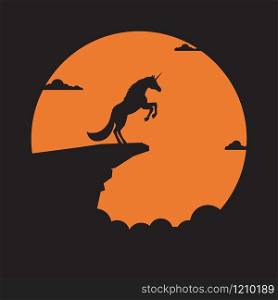 Silhouette unicorn horse on cliff with sunset background, Symbol of achievement, Concept, Vector illustration flat