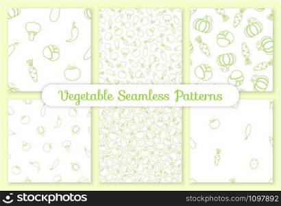 Silhouette vegetable seamless pattern set vector flat illustration. Food pattern design with line vegetable seamless texture in green and white color for organic fabric print or wallpaper template. Green silhouette vegetable seamless pattern design