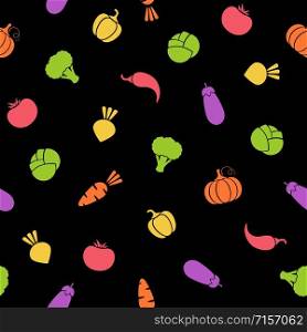 Silhouette vegetable seamless pattern vector flat illustration. Natural food black pattern design with outline vegetable seamless texture in bright color for organic fabric print or wallpaper template. Silhouette vegetable seamless black pattern design
