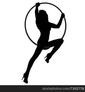 Silhouette woman doing some acrobatic elements aerial hoop on a white background.. Silhouette woman doing some acrobatic elements aerial hoop on a white background