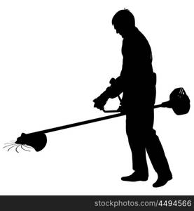Silhouette worker of a garden cuts off grass. . Silhouette worker of a garden cuts off grass. Vector illustration.