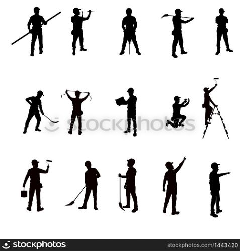 Silhouette workers and tools isolated background. vector