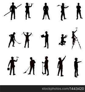 Silhouette workers and tools isolated background. vector