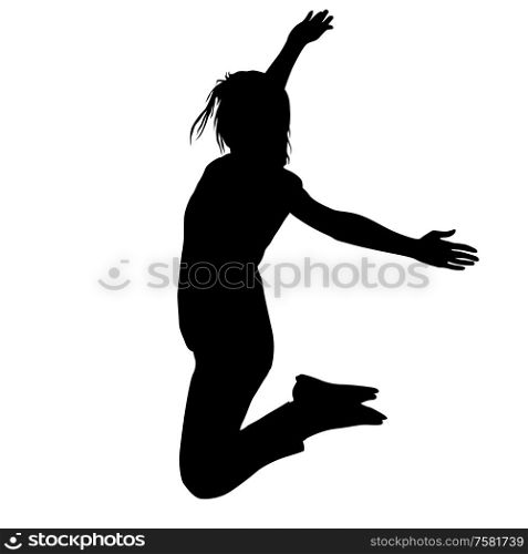 Silhouette young girl jumping with hands up, motion.. Silhouette young girl jumping with hands up, motion