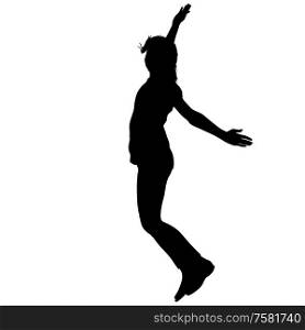 Silhouette young girl jumping with hands up, motion.. Silhouette young girl jumping with hands up, motion