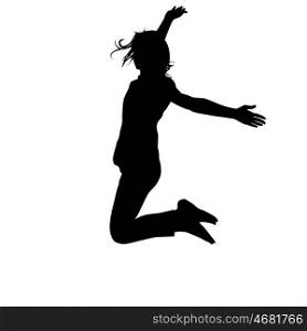 Silhouette young girl jumping with hands up, motion. Vector illustration.