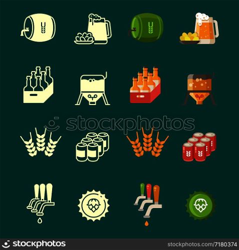 Silhouettes and colorful flat vector beer icons set isolated on green illustration. Silhouettes and colorful flat vector beer icons set