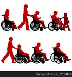 Silhouettes disabled in a wheel chair on a white background.. Silhouettes disabled in a wheel chair on a white background