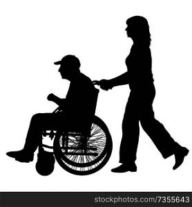Silhouettes disabled in a wheel chair on a white background.. Silhouettes disabled in a wheel chair on a white background