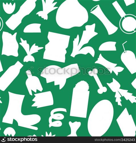 Silhouettes garbage items on green background seamless pattern. Background with trash. Abstract template on theme ecology vector