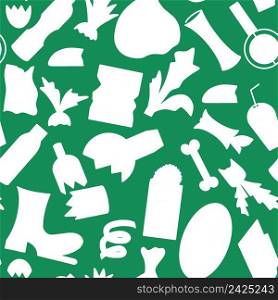 Silhouettes garbage items on green background seamless pattern. Background with trash. Abstract template on theme ecology vector