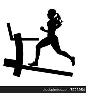 Silhouettes, girl running on the treadmill. vector illustration.