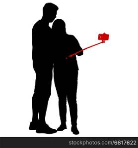 Silhouettes man and woman taking selfie with smartphone on white background.. Silhouettes man and woman taking selfie with smartphone on white background