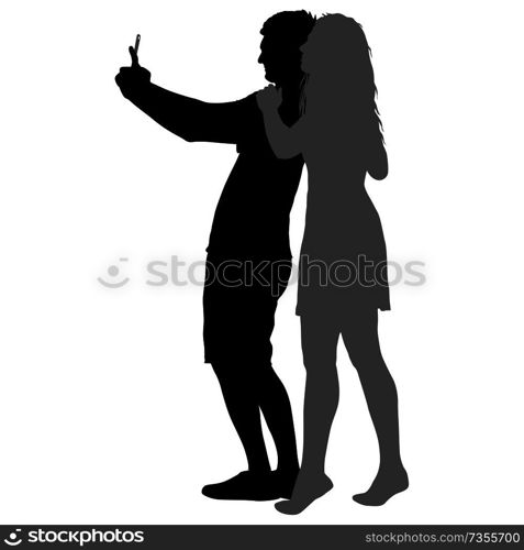 Silhouettes man and woman taking selfie with smartphone on white background.. Silhouettes man and woman taking selfie with smartphone on white background