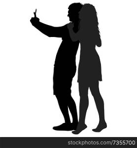 Silhouettes man and woman taking selfie with smartphone on white background.. Silhouettes man and woman taking selfie with smartphone on white background