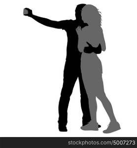 Silhouettes man and woman taking selfie with smartphone on white background. Vector illustration. Silhouettes man and woman taking selfie with smartphone on white background. Vector illustration.