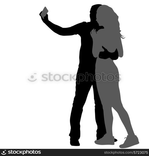 Silhouettes man and woman taking selfie with smartphone on white background. Vector illustration.