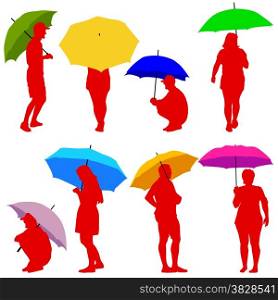 Silhouettes man and woman under umbrella. Vector illustrations.