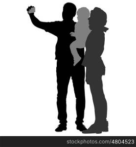 Silhouettes man and woman with a child, make selfie smartphone on white background. Vector illustration.